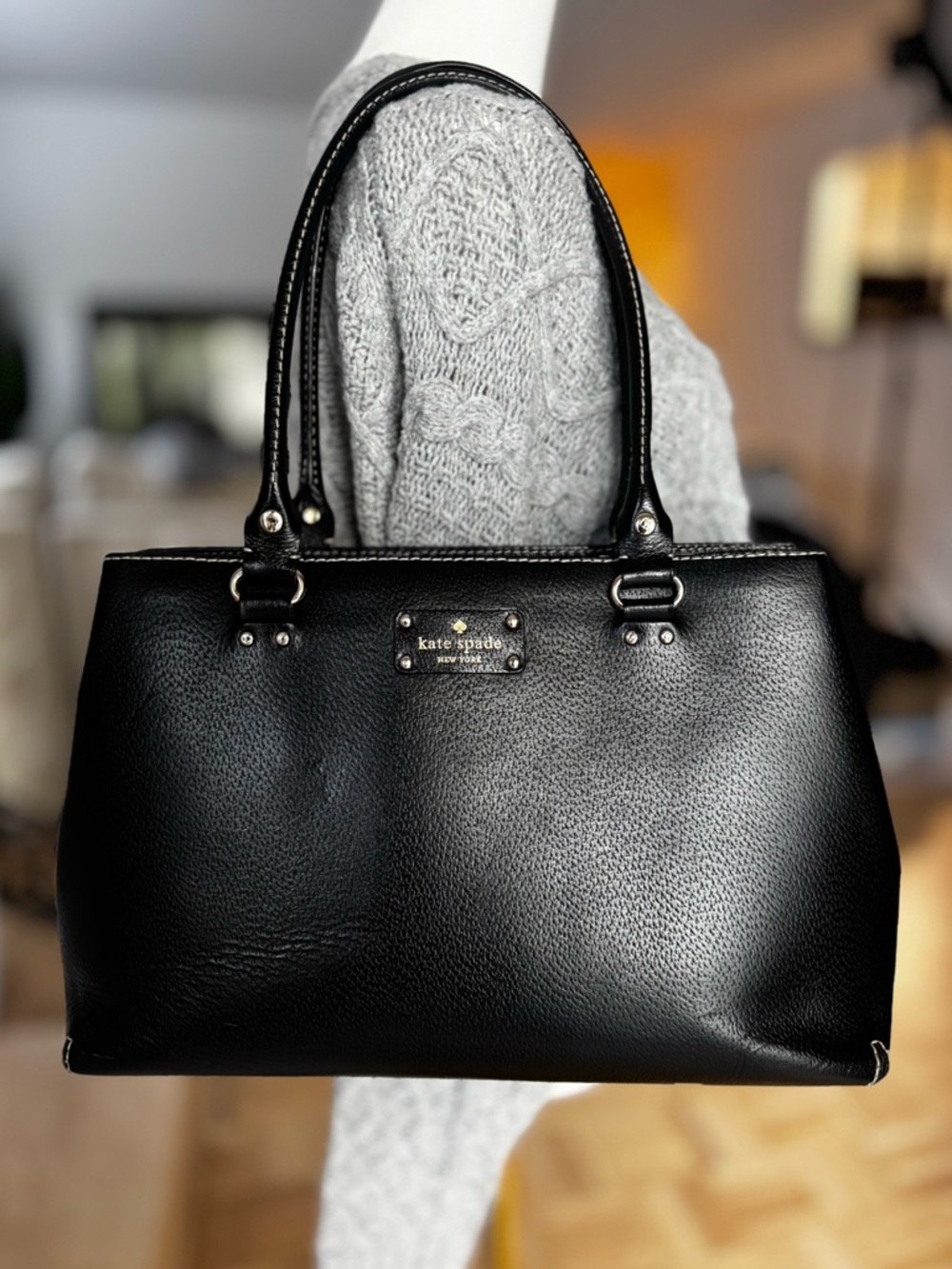 Kate Spade New York Black Pebbled Leather Tote Bag Shoulder Purse Classic